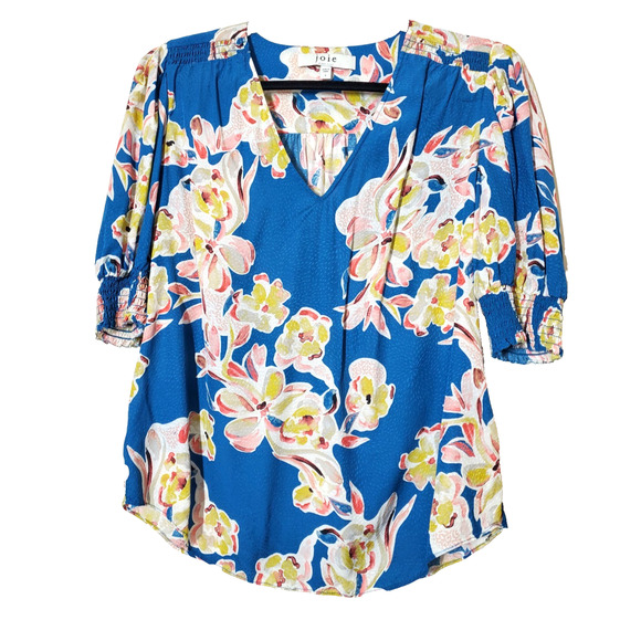 Joie Womens Small Top Blue Floral Viscose Puff Sleeve V-neck Blouse - Picture 1 of 8